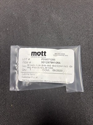 Mott Flow Restrictor, 50 SCCM N2 @ 50 PSIG, 5140-1/4-SS - Image 1 of 2