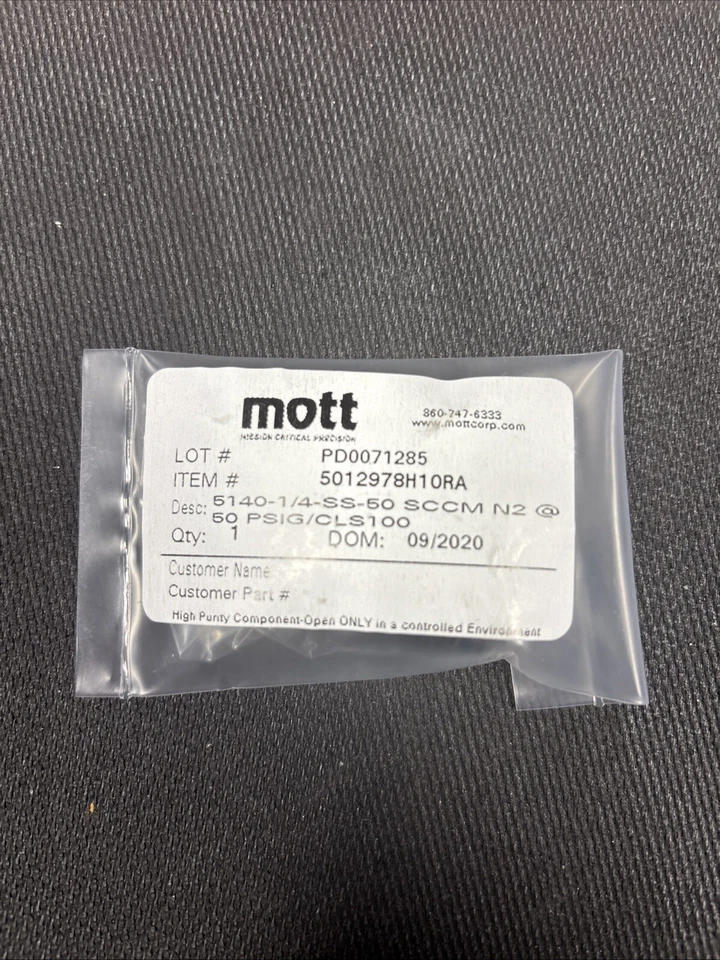 Mott Flow Restrictor, 50 SCCM N2 @ 50 PSIG, 5140-1/4-SS - Image 1 of 2