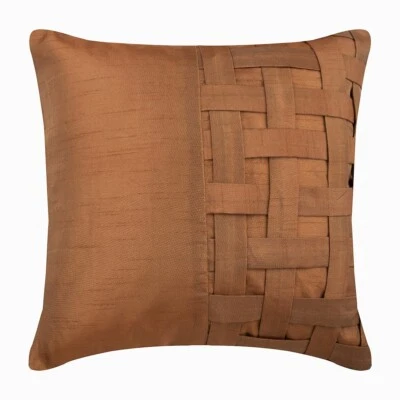 Square Cushion Cover Gold 16"x16", Bed Decor Silk Striped - Gold Brown Bricks - Image 1 of 3