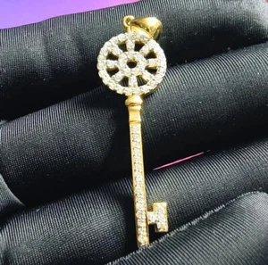 1Ct Round Cut Lab Created Moissanite Key Pendant 14K White Gold Plated 18" - Picture 1 of 12