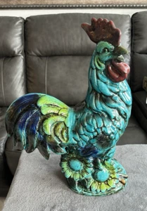 Große Keramik Türkis Blau Majolika Hahn Figur - Sonnenblume - Bauernhaus Deko - Bild 1 von 16