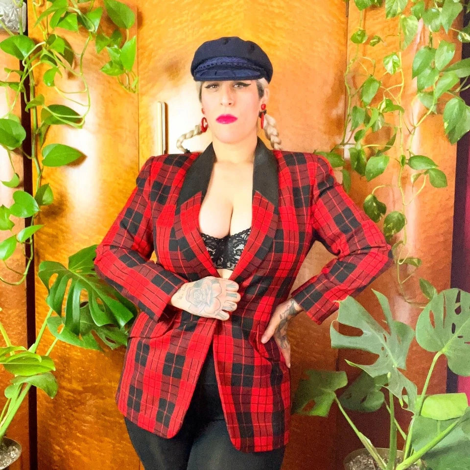 Blazer xadrez de lã vintage anos 90 TARTAN COURO PRETO E VERMELHO 40 B - Imagem 1 de 4