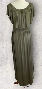 Draped Neck Maxi Dress Womens Medium Olive Green On/Off Shoulder Pockets - Picture 1 of 6