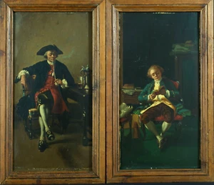 Painting Antique St.Meissonier Portrait Man Drive Book Smoker Tavern X 2 - Picture 1 of 15