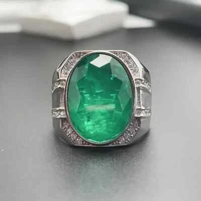 5Ct Oval Cut Created Green Emerald Men's Wedding Ring 14K White Gold Plated - Image 1 of 4