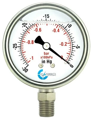 1-1/2" Vacuum Gauge Stainless Steel Case Liquid Filled, Lower Mnt -30 Hg/0 psi - Image 1 of 4
