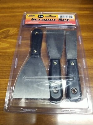 3 pc Scraper Set Black Bolstered Handle Stainless Steel Putty Knifes - Image 1 of 3