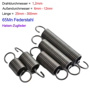 Zugfeder mit Haken,Zugfedern Feder 65Mn Federstahl,d=1,2 mm,Ø 6-12 mm,L=25-300mm - Picture 1 of 5