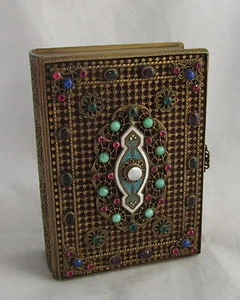 Antique Brass Bronze Jeweled Book Dresser Box Enamel Guilloche - Picture 1 of 8