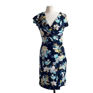 CATHERINE MALANDRINO Faux Wrap Dress Womens Sz 8 Navy Floral Stretch Jersey - Picture 1 of 8