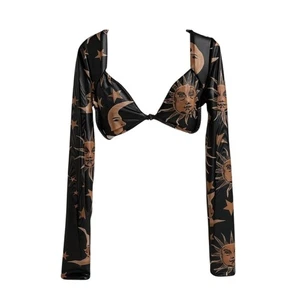 Sun & Moon Celestial Y2K Mystical Crop Top Womens L Sheer Mesh Festival Concert - Picture 1 of 10