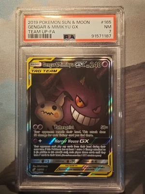 2019 POKEMON SUN & MOON TEAM UP #165 FULL ART/GENGAR & MIMIKYU GX PSA 7 - Image 1 of 2