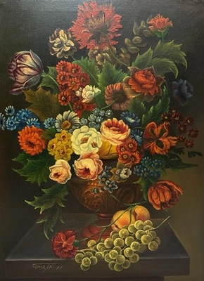 Vintage 1977 Original Floral Still Life Oil Painting T. Omrani Signed 31"x23" - Image 1 of 4