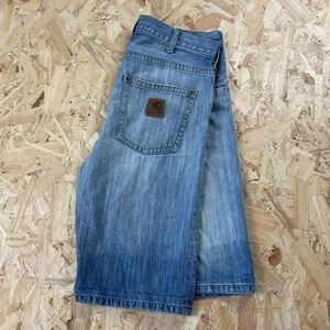 Pantaloncini corti vintage Carhartt blu denim jorts pelle logo W34 - Foto 1 di 4
