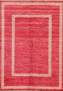 Bordered Modern Area Rug 5x6 Hand-knotted Wool Red/ Ivory Carpet for Any Room - Picture 1 of 17