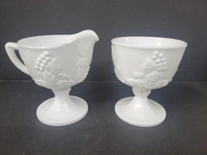 White Milk Glass Grape Pattern footed Creamer & Sugar Bowl Set - Picture 1 of 6