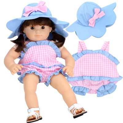 Mameluco y sombrero de verano de guinga para ropa de muñeca niña americana bebé pequeño de 15" Foto 1 de 4
