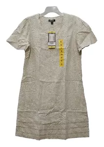 Nicole Miller sz:S Women's Short Sleeve Linen V-Neck Pleated Shift Dress Beige - Picture 1 of 8