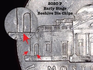 2020-P Jefferson Nickel  Error Coin - Reverse Early Stage Beehive Die Chips - Picture 1 of 3