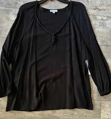 Blusa túnica Westbound Mujer XL Campesina Top Negro Rayón Lino Manga Larga Foto 1 de 4