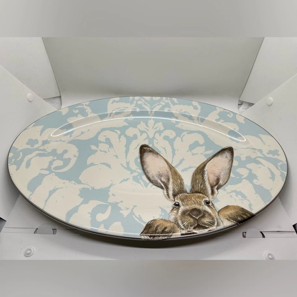 WILLIAMS-SONOMA Damask Easter Bunny 18" Oval Serving Platter EUC! Discontinued! - Image 1 of 4