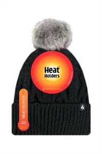 Women's Heat Holders Rolled Cuff Thermal Beanie Pom Hats, One Size, Black, NWT - Picture 1 of 3