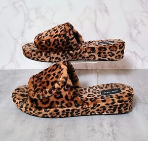 Women's Nine West Cheetah Leopard Animal Print Plush Slip On Wedge Shoes Sandals