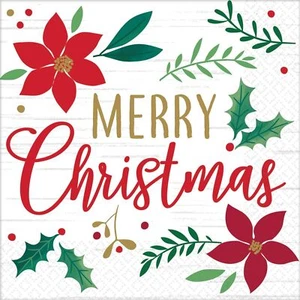 Christmas Wishes Holly Poinsettia Flower Winter Holiday Party Luncheon Napkins - Picture 1 of 1