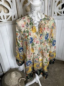 Fig & Flower Anthropologie Colorful Floral Peasant Top Boho Button Down Large - Picture 1 of 7