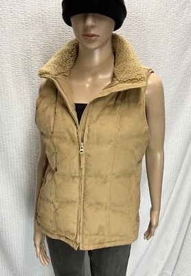 LL BEAN Goose Down Quilt Puffer Vest Faux Suede Sherpa Collar women M - Image 1 of 4
