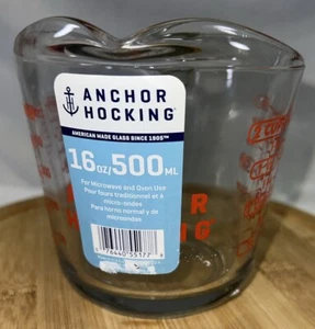 Taza medidora de vidrio Anchor Hocking 16 oz (500 ml) letras rojas transparentes totalmente nueva - Imagen 1 de 9