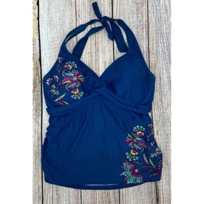 Athleta Halter Neck Swim Top Size 34 D/DD Blue Floral Tankini - Image 1 of 4