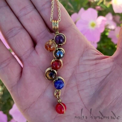 7 Natural Gemstone Crystal Beads Chakra Pendant Reiki Healing Brass Jewelry Foto 1 de 4