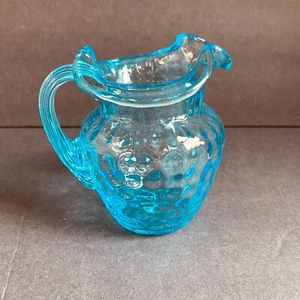 Vintage Fenton Creamer Pitcher Blue Coin Dot 4.5" Aqua Turquoise Ruffled - Picture 1 of 7