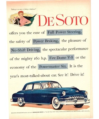 DeSoto Firedome 1952 8 sedán vintage anuncio impreso mujer estacionamiento hombre arte de pared cueva Foto 1 de 2