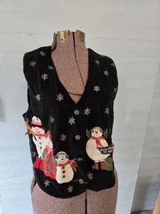 Chaleco de Navidad Tanbits Vintage Terciopelo Negro Muñecos de Nieve Copo de Nieve Talla Pequeña - Imagen 1 de 7