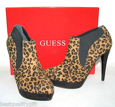 Nuevo GUESS Ona Leopardo Marrón + Estampado Negro Tacón Alto Mujer Botín Zapatos - Imagen 1 de 4