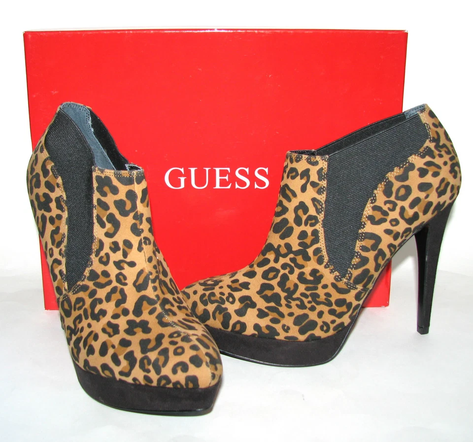 Nuevo GUESS Ona Leopardo Marrón + Estampado Negro Tacón Alto Mujer Botín Zapatos - Imagen 1 de 4
