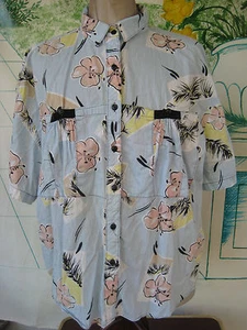 Vtg blouse Hawaiian look hibiscus fern print short sleeve pastel Lady Oak Hill - Picture 1 of 5