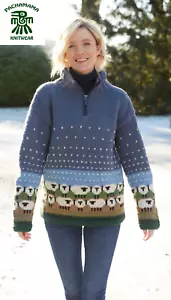 Pachamama handgestrickter Pullover aus 100 % Wolle mit halber Reißverschluss - verschneite Schafe - neu mit Etikett - Bild 1 von 7