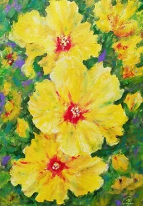 Gelber Hibiskus Original Acryl Gemälde - Blumen Abstraktes Kunstwerk 16"x12" - Bild 1 von 12