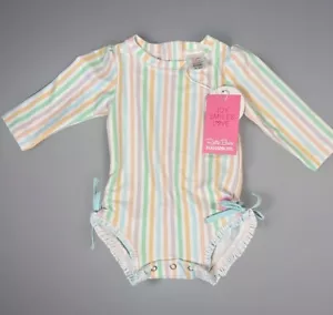 RUFFLE BUTTS Blue & White Striped Pink Ruffles One Piece Rash Guard 6-12 Months - Picture 1 of 8