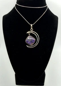 Sterling Silver Crescent Moon Pendant Necklace Natural Amethyst 22” Chain - Picture 1 of 9