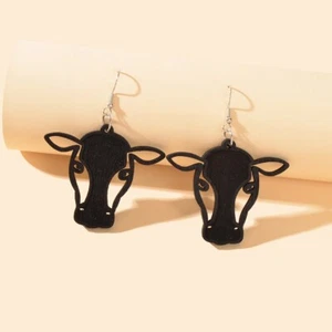 African Natural Wood Bohemian Ethnic Black Bull Cow Cattle Head Charm Earrings - Picture 1 of 4