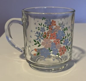 Luminarc Set of 3 Clear Glass Mugs with Pink & Blue Flowers 3.5" Tall x 3" Round - Picture 1 of 14