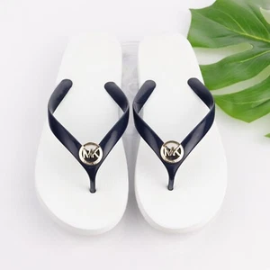 Michael Kors Womens Jet -Set Sandal Size 11 Navy Gold MK Jelly Thong Flip Flop - Picture 1 of 13