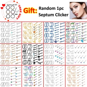 30-46Pcs Surgical Steel Nose Ring Hoop Straight Bone Stud Body Piercing Kit 20G - Picture 1 of 21