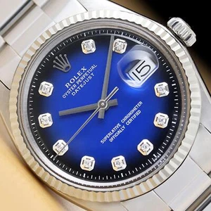 ROLEX MENS DATEJUST BLUE VIGNETTE DIAMOND DIAL 18K GOLD SS WATCH w/ OYSTER BAND - Picture 1 of 9