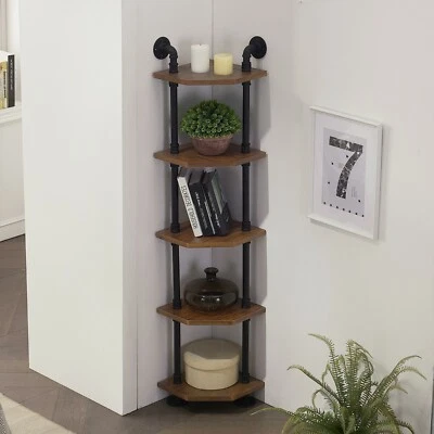 Ivinta 5-Tier Corner Storage Shelves Bookshelf Plant Rack with Pipe Wood Shelves - Image 1 of 4