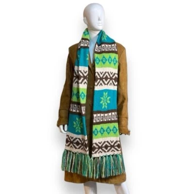 Bufanda antigua vintage (2004) azul marino de lana, alpaca, angora verde azulado, verde, marrón y crema Foto 1 de 4
